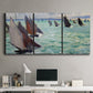 Three-panel canvas wall art featuring sailboat regatta near coastal village, displayed above a desk in a home office.