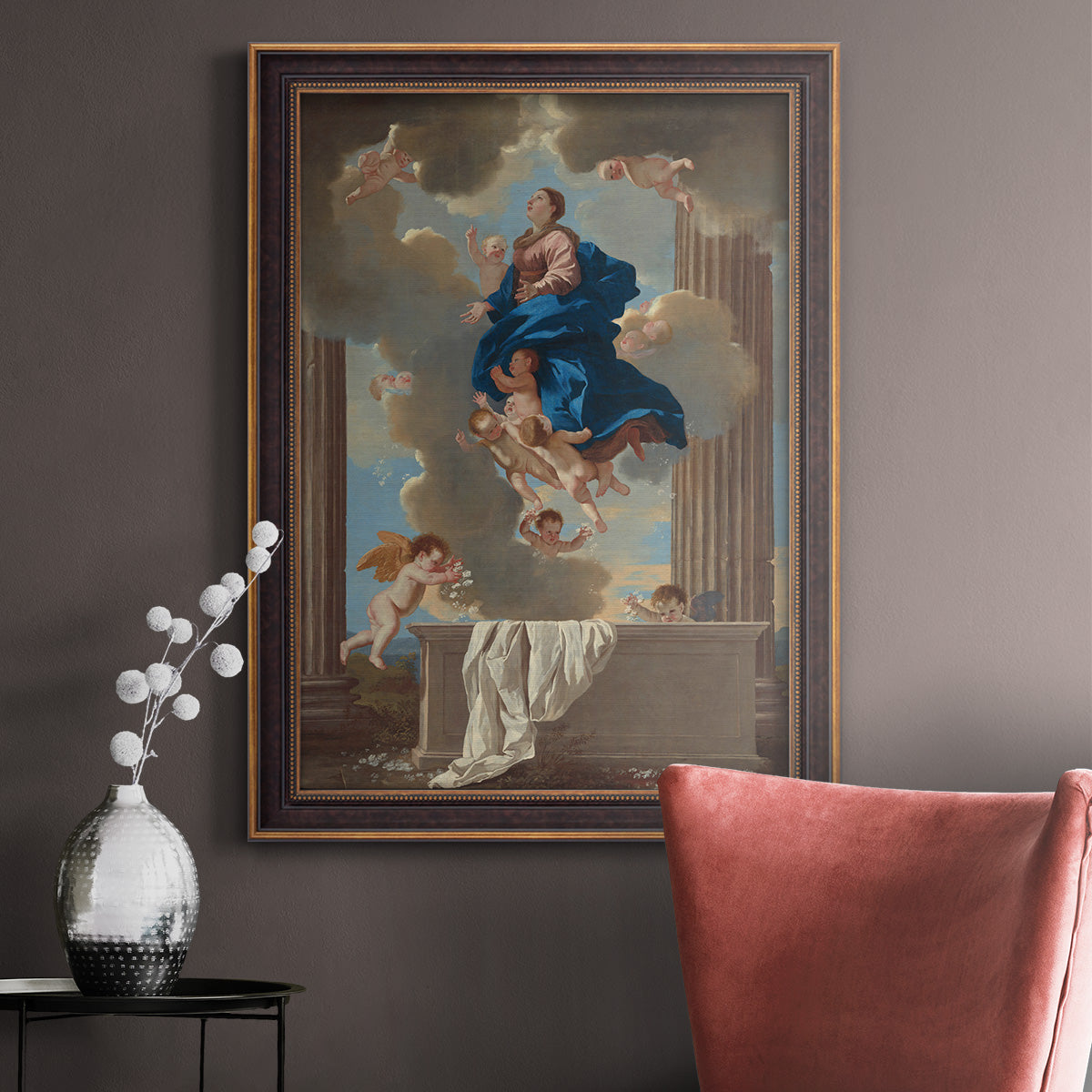 Classical religious depiction of the Assumption of the Virgin by Nicolas Poussin in an ornate bronzed mahogany wood frame displayed in a neutral interior setting.