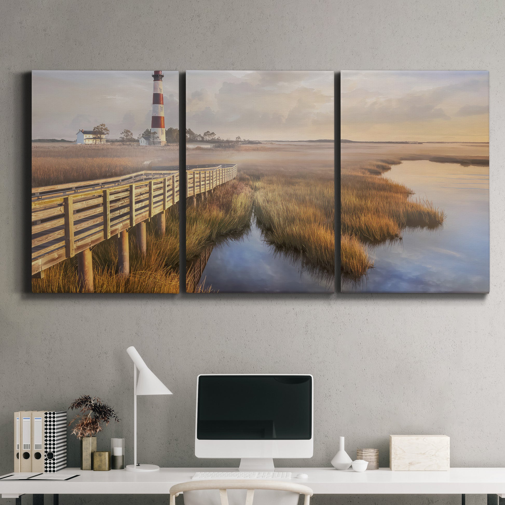 Three-panel canvas wall art featuring coastal path along dunes, displayed above a desk in a home office.