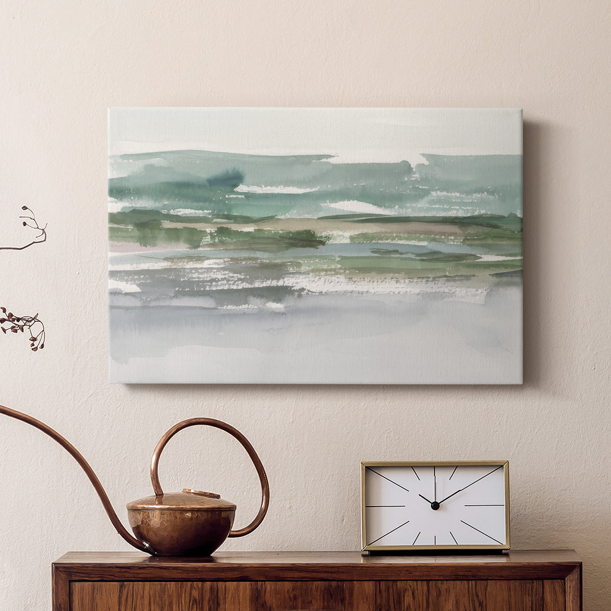 Abstract landscape depicting serene water and rolling hills under soft, muted tones capturing peaceful natural beauty