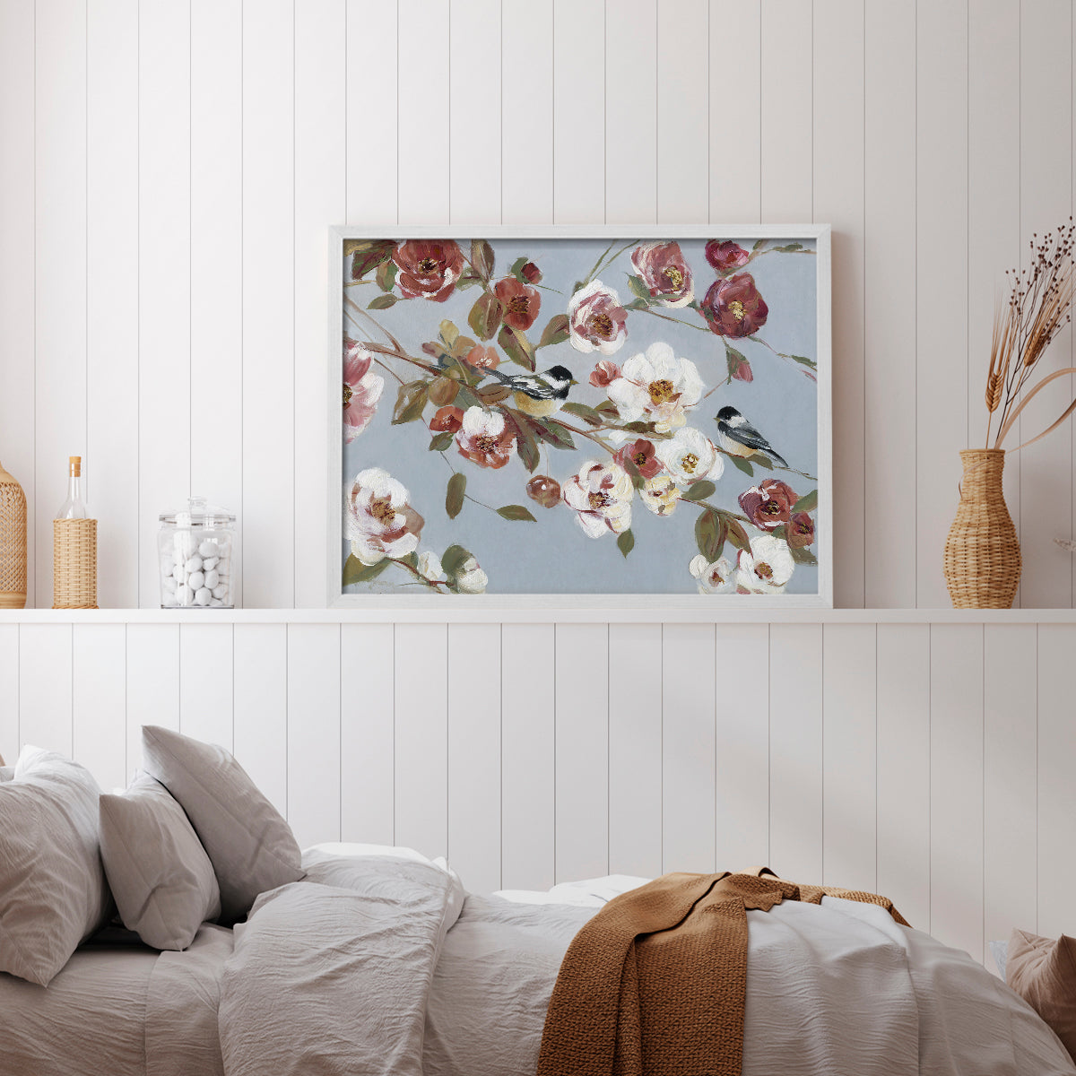 44432,artwork,flowers,songbirds,blooming,pastel colors,nature,painting,tranquility,floral,decor,home,birds,soft tones,wall art,still life,elegance,design,garden,wildlife,peace,beauty,colorful,composition,branches,brushwork,canvas,contemporary,aesthetic,visual,spring,serene,charm,details,flora,fauna,modern,interior design,color palette,harmony,inspiration,Re-stickable,Plants & Flowers