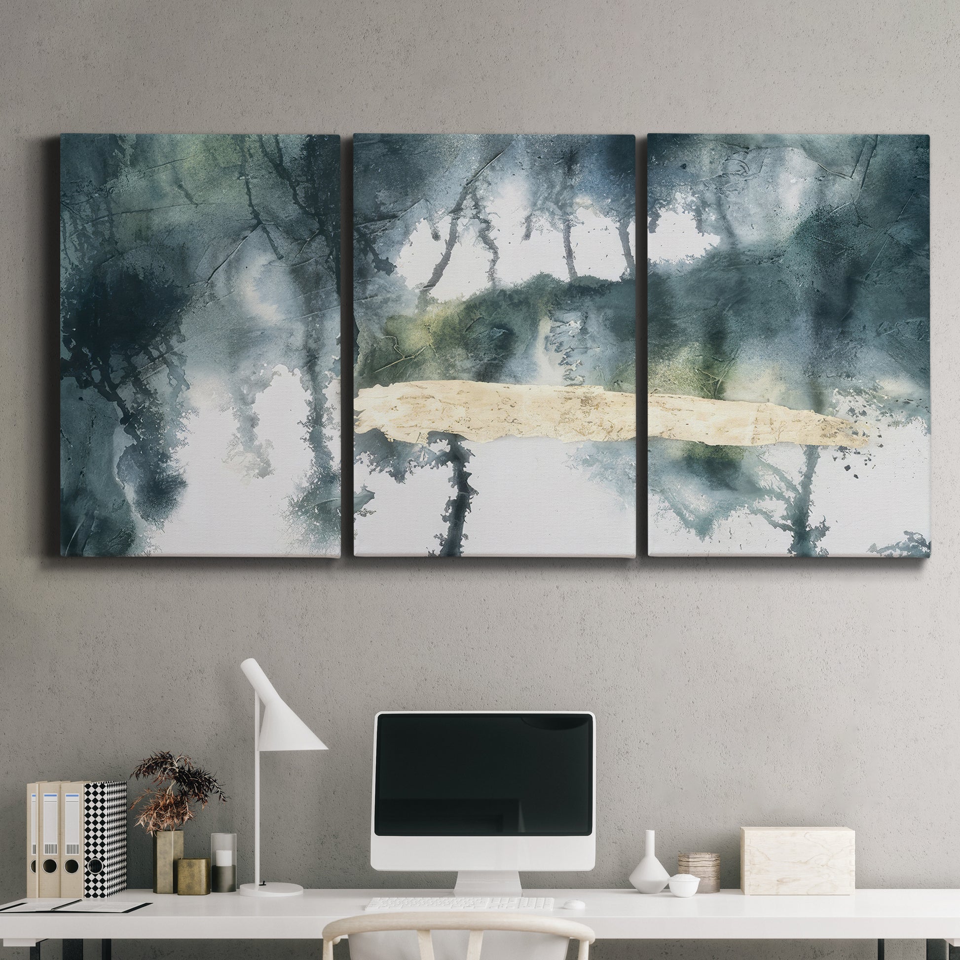 Three-panel canvas wall art featuring saturated abstract color fields, displayed above a desk in a home office.