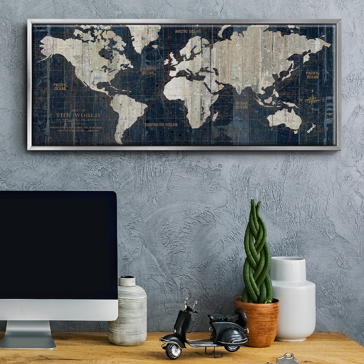 Old World Map Blue - Floater Framed Canvas Print