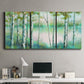 Three-panel canvas wall art featuring calm lake framed by aspen trees, displayed above a desk in a home office.