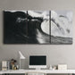 Three-panel canvas wall art featuring black and white crashing ocean waves, displayed above a desk in a home office.