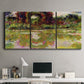 Three-panel canvas wall art featuring arched rose garden walkway, displayed above a desk in a home office.
