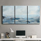 Three-panel canvas wall art featuring abstract sailboats on water, displayed above a desk in a home office.