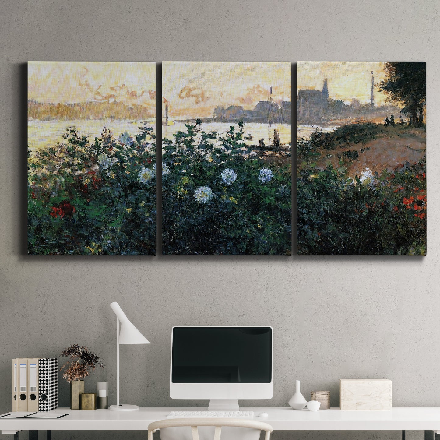 Three-panel canvas wall art featuring formal garden near museum grounds, displayed above a desk in a home office.