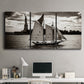 Three-panel canvas wall art featuring historic sailing ships photograph, displayed above a desk in a home office.