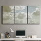 Three-panel canvas wall art featuring whimsical vertical tree landscape, displayed above a desk in a home office.
