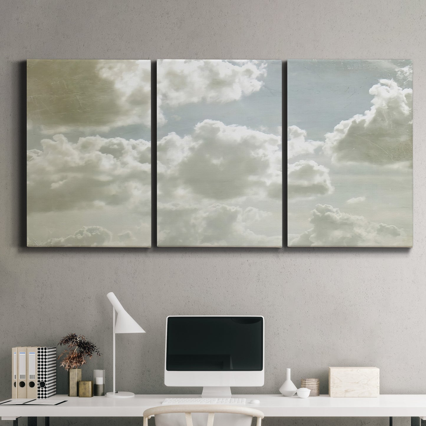 Three-panel canvas wall art featuring whimsical vertical tree landscape, displayed above a desk in a home office.