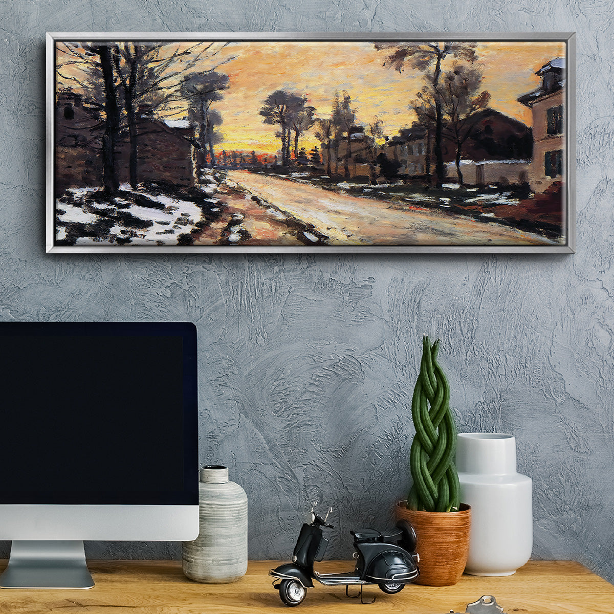 Road at Louveciennes, Melting Snow, Sunset, 1870 - Floater Framed Canvas Print