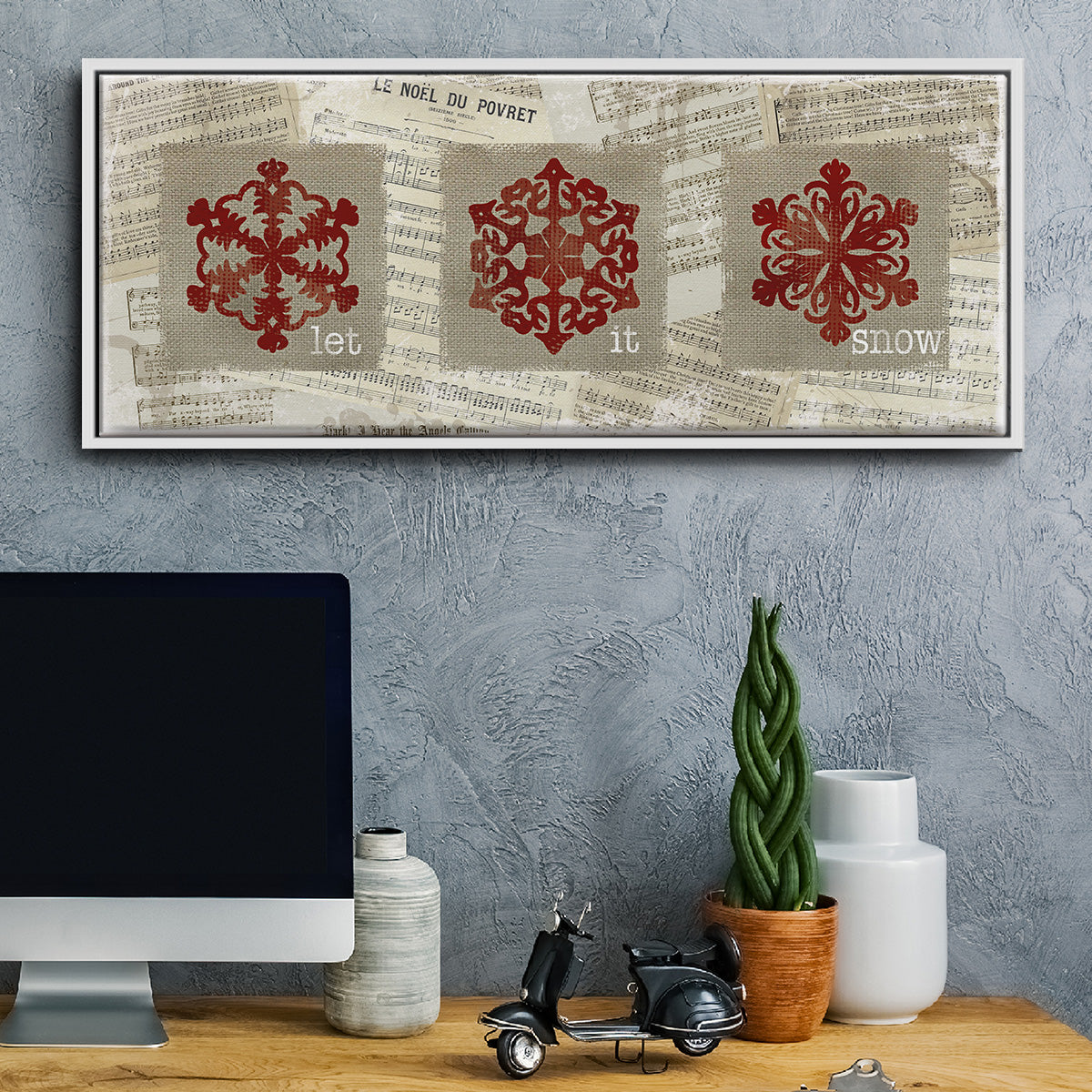 Burlap Music Snowflakes - Floater Framed Canvas Print