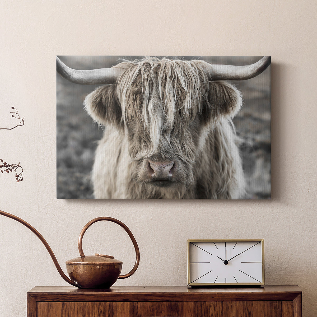 Highland cow with long hair showing expression in moody landscape during early morning light