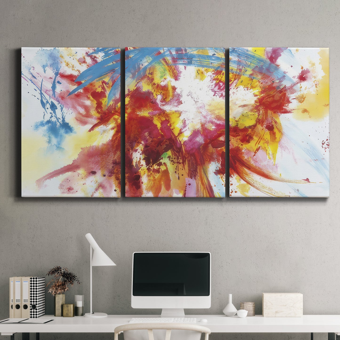Three-panel canvas wall art featuring bright abstract summer palette, displayed above a desk in a home office.