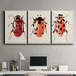 Three-panel canvas wall art featuring ladybugs on green foliage, displayed above a desk in a home office.