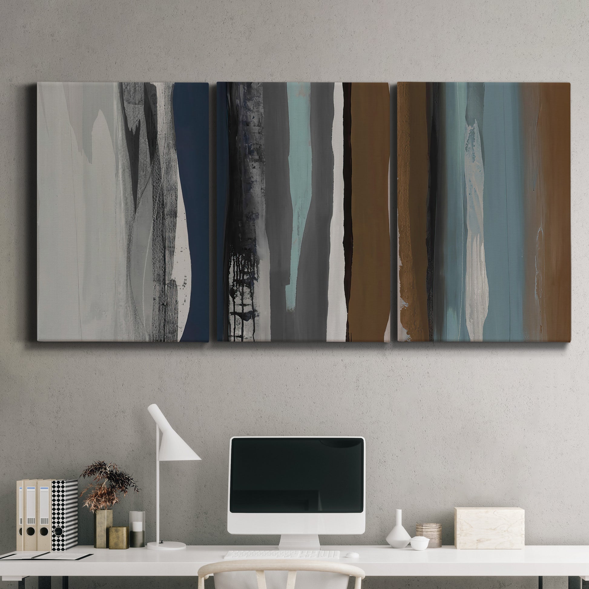 Three-panel canvas wall art featuring layered abstract amusement park tones, displayed above a desk in a home office.