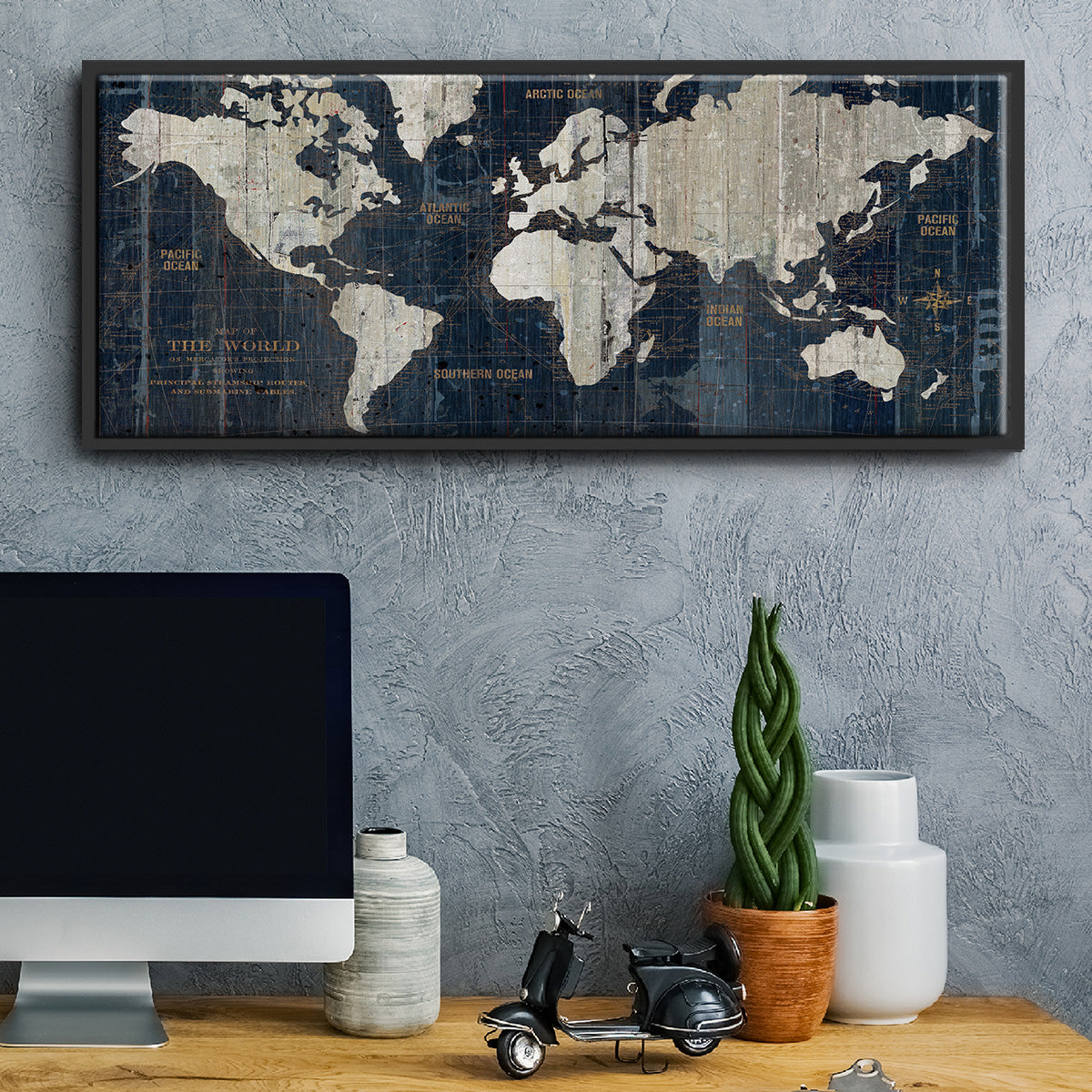 Old World Map Blue - Floater Framed Canvas Print