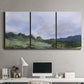 Three-panel canvas wall art featuring wide open pastoral horizon landscape, displayed above a desk in a home office.