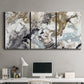 Three-panel canvas wall art featuring marbled modern abstract textures, displayed above a desk in a home office.