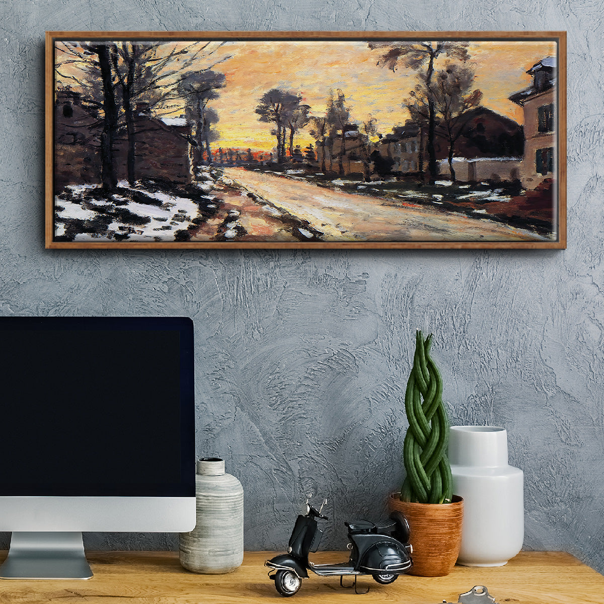 Road at Louveciennes, Melting Snow, Sunset, 1870 - Floater Framed Canvas Print