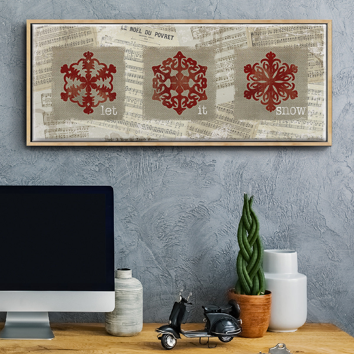 Burlap Music Snowflakes - Floater Framed Canvas Print