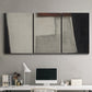 Three-panel canvas wall art featuring geometric abstract roadway motif, displayed above a desk in a home office.