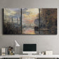 Three-panel canvas wall art featuring winter river sunset with reflections, displayed above a desk in a home office.