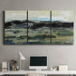 Three-panel canvas wall art featuring muted abstract landscape study, displayed above a desk in a home office.