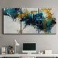 Three-panel canvas wall art featuring teal abstract paint splatter, displayed above a desk in a home office.