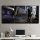 Three-panel canvas wall art featuring couple kissing at train station, displayed above a desk in a home office.