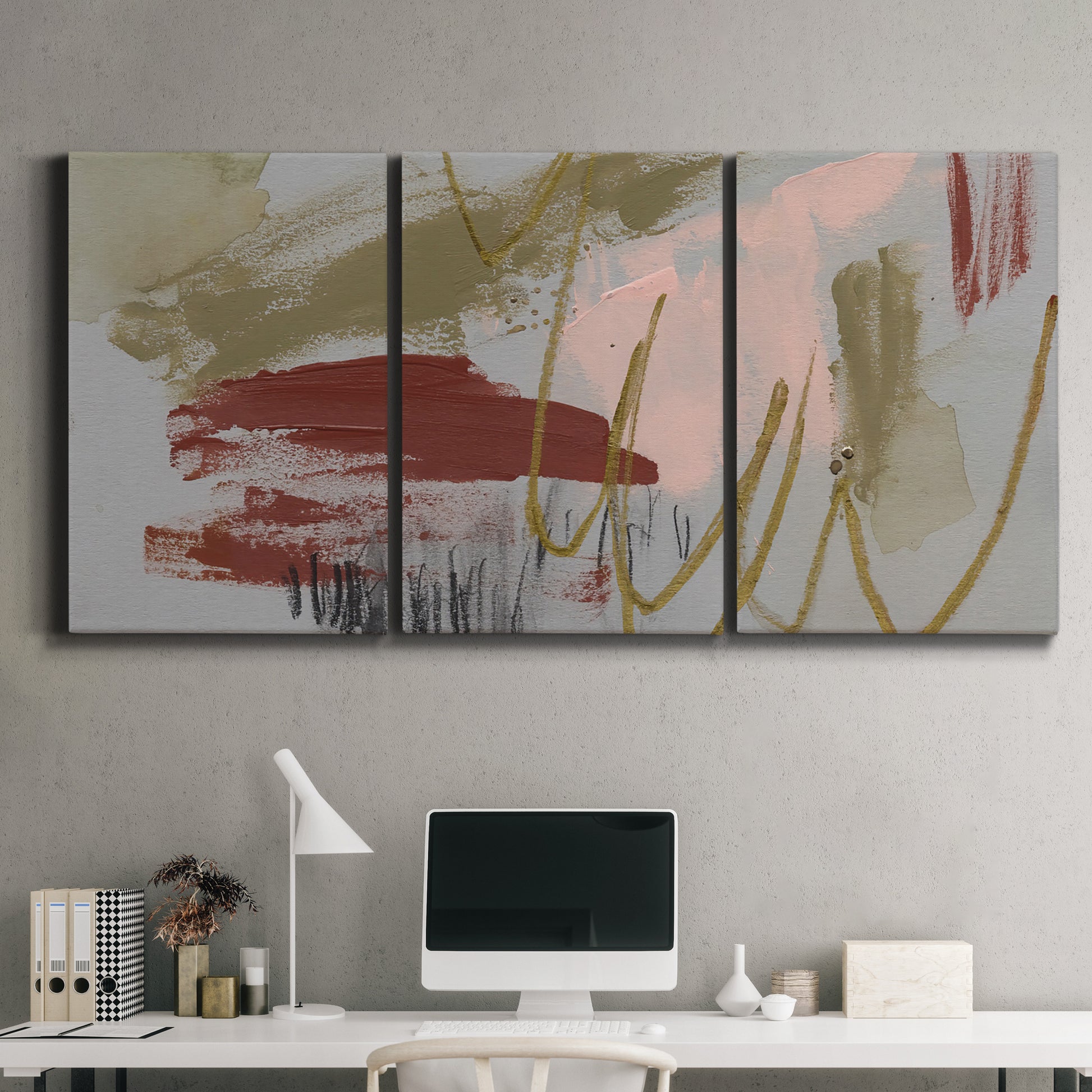 Three-panel canvas wall art featuring minimalist abstract line textures, displayed above a desk in a home office.