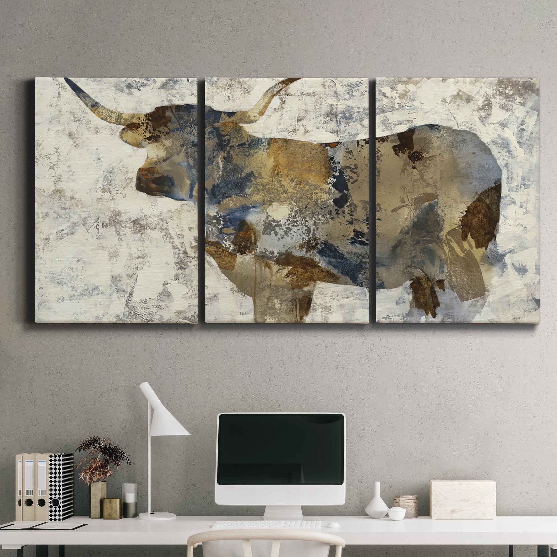 Three-panel canvas wall art featuring farm animal portrait in rustic setting, displayed above a desk in a home office.