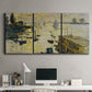Three-panel canvas wall art featuring working harbor with boats, displayed above a desk in a home office.