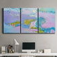 Three-panel canvas wall art featuring abstract view through window forms, displayed above a desk in a home office.