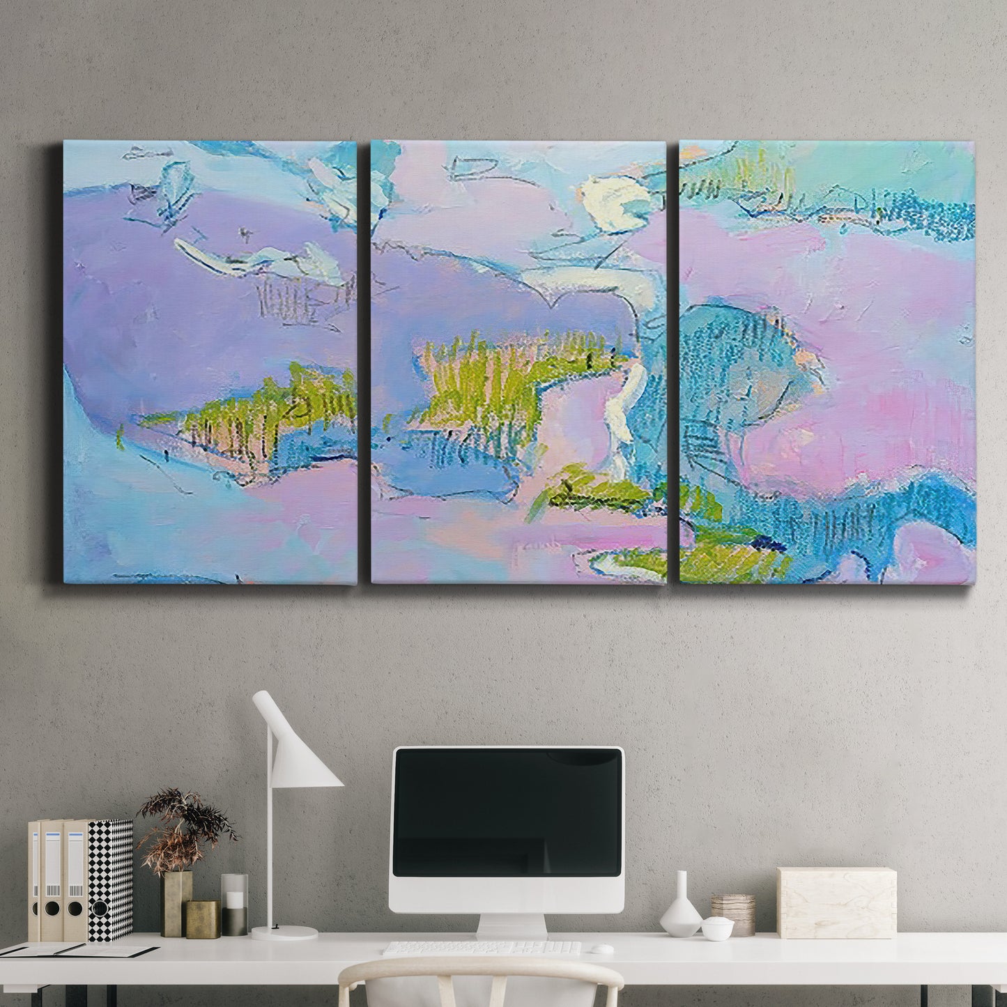 Three-panel canvas wall art featuring abstract view through window forms, displayed above a desk in a home office.