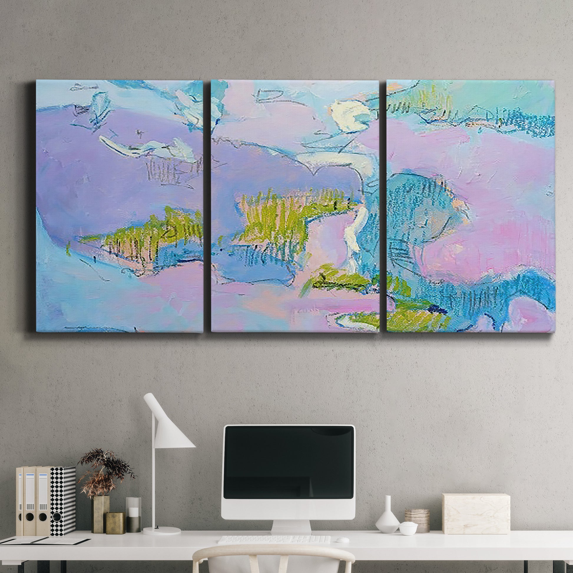 Three-panel canvas wall art featuring abstract view through window forms, displayed above a desk in a home office.