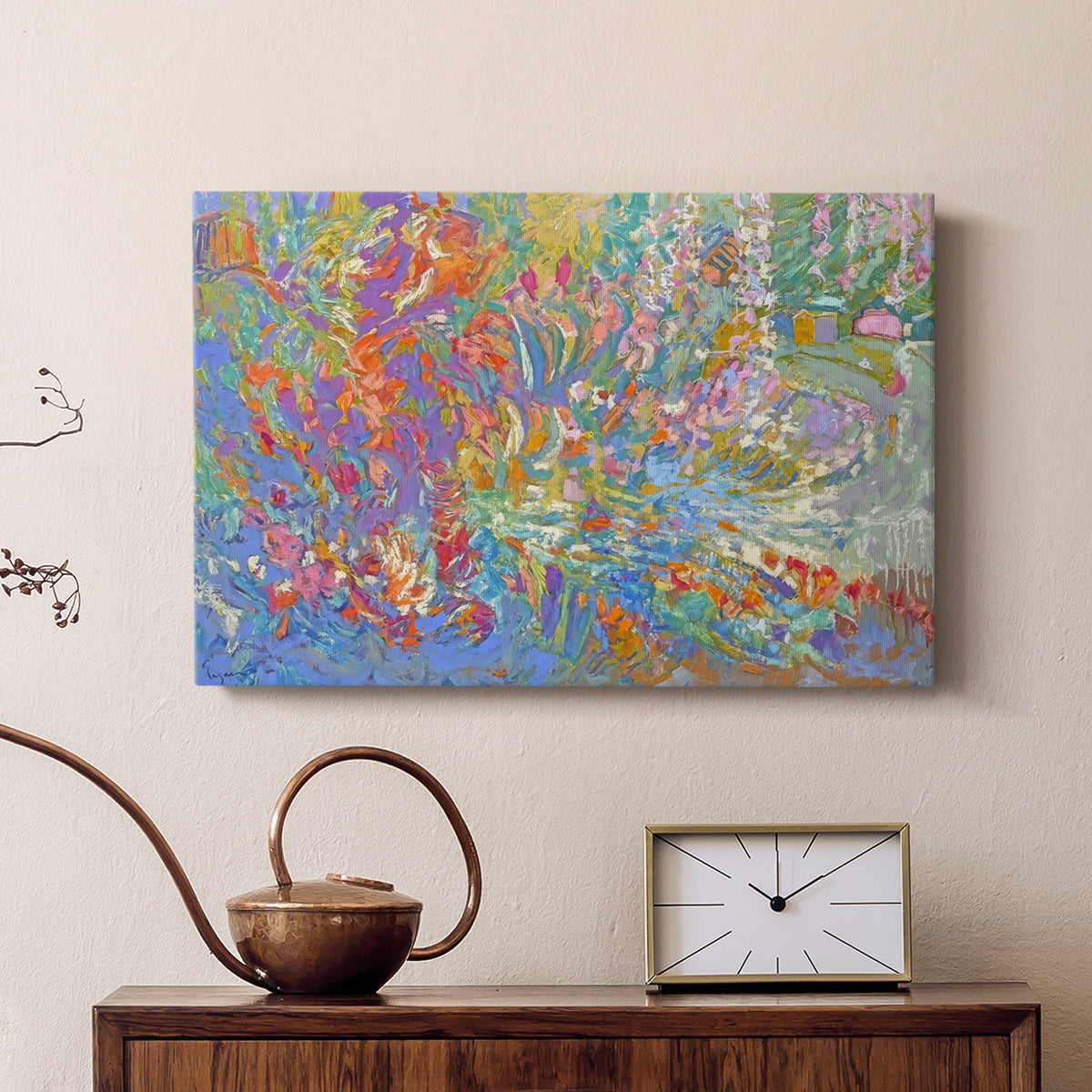 Vibrant display of colors depicting a lush garden blooming with flowers in an abstract style reflecting serenity and joy