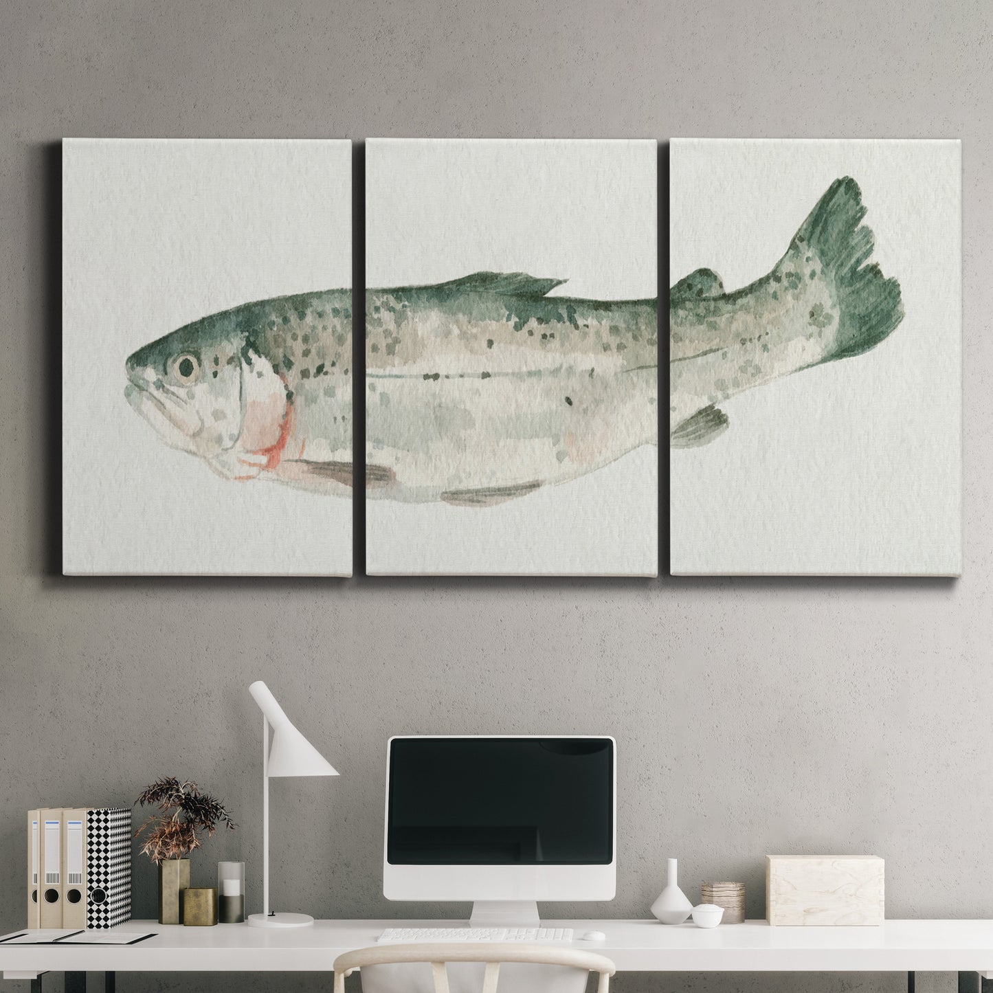 Three-panel canvas wall art featuring watercolor animal portrait, displayed above a desk in a home office.