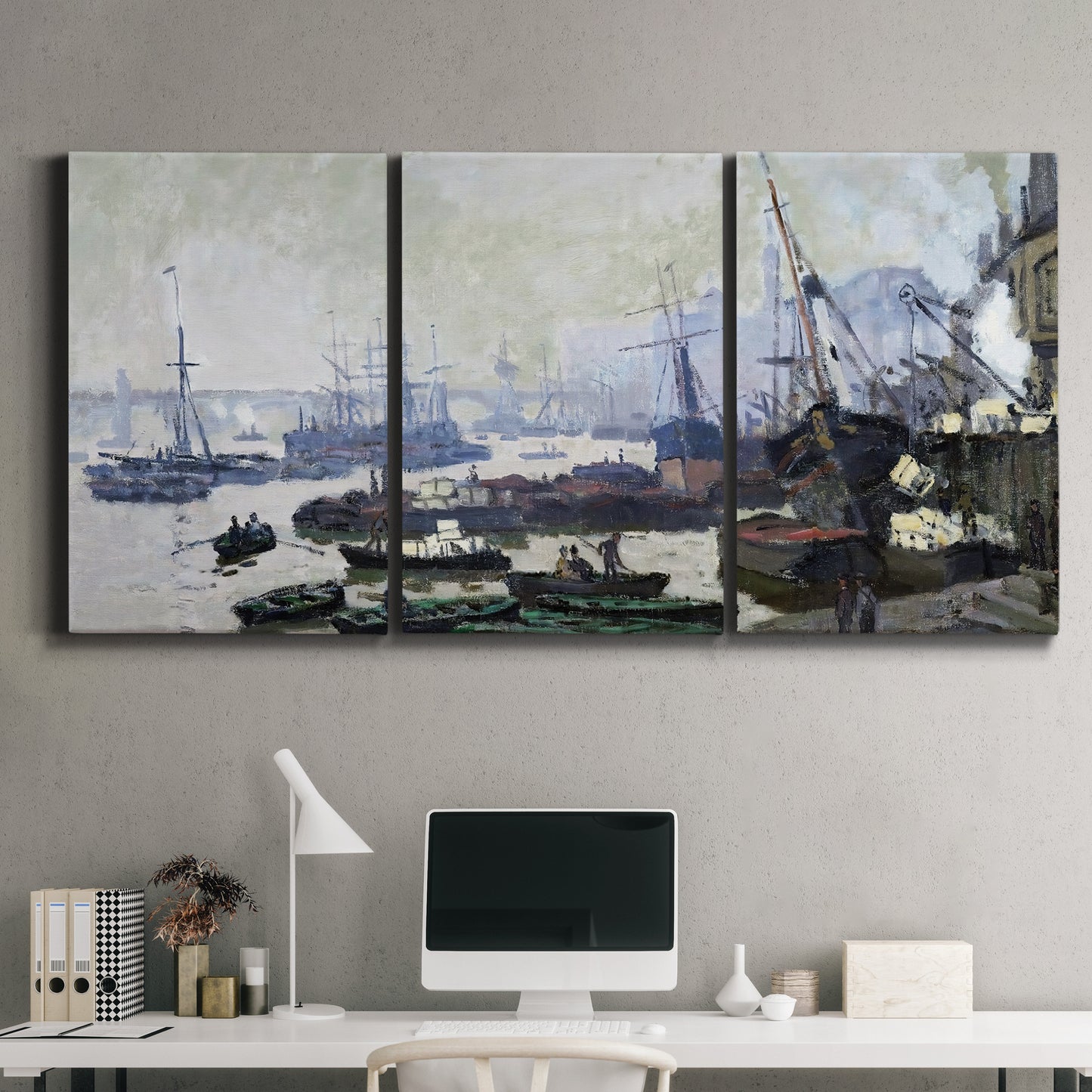 Three-panel canvas wall art featuring working harbor with docked boats, displayed above a desk in a home office.