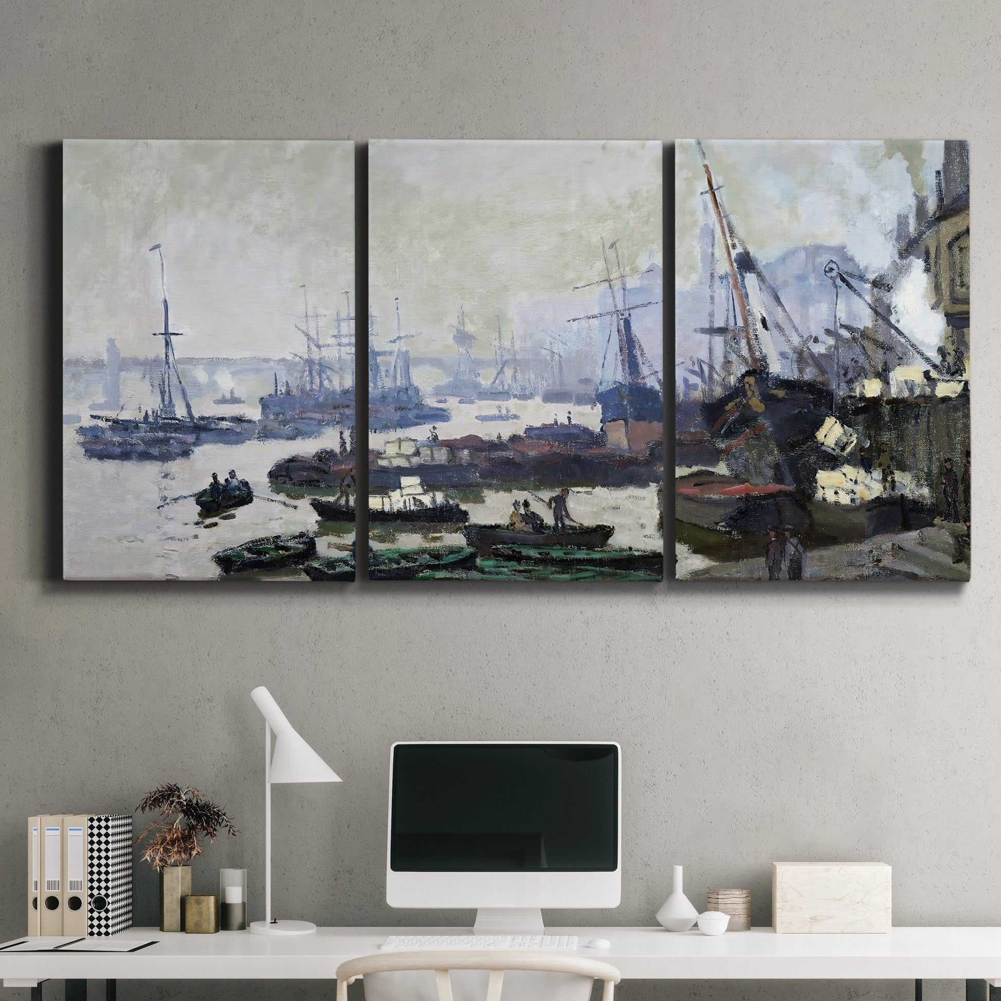 Three-panel canvas wall art featuring working harbor with docked boats, displayed above a desk in a home office.
