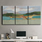 Three-panel canvas wall art featuring wide open landscape under midday light, displayed above a desk in a home office.