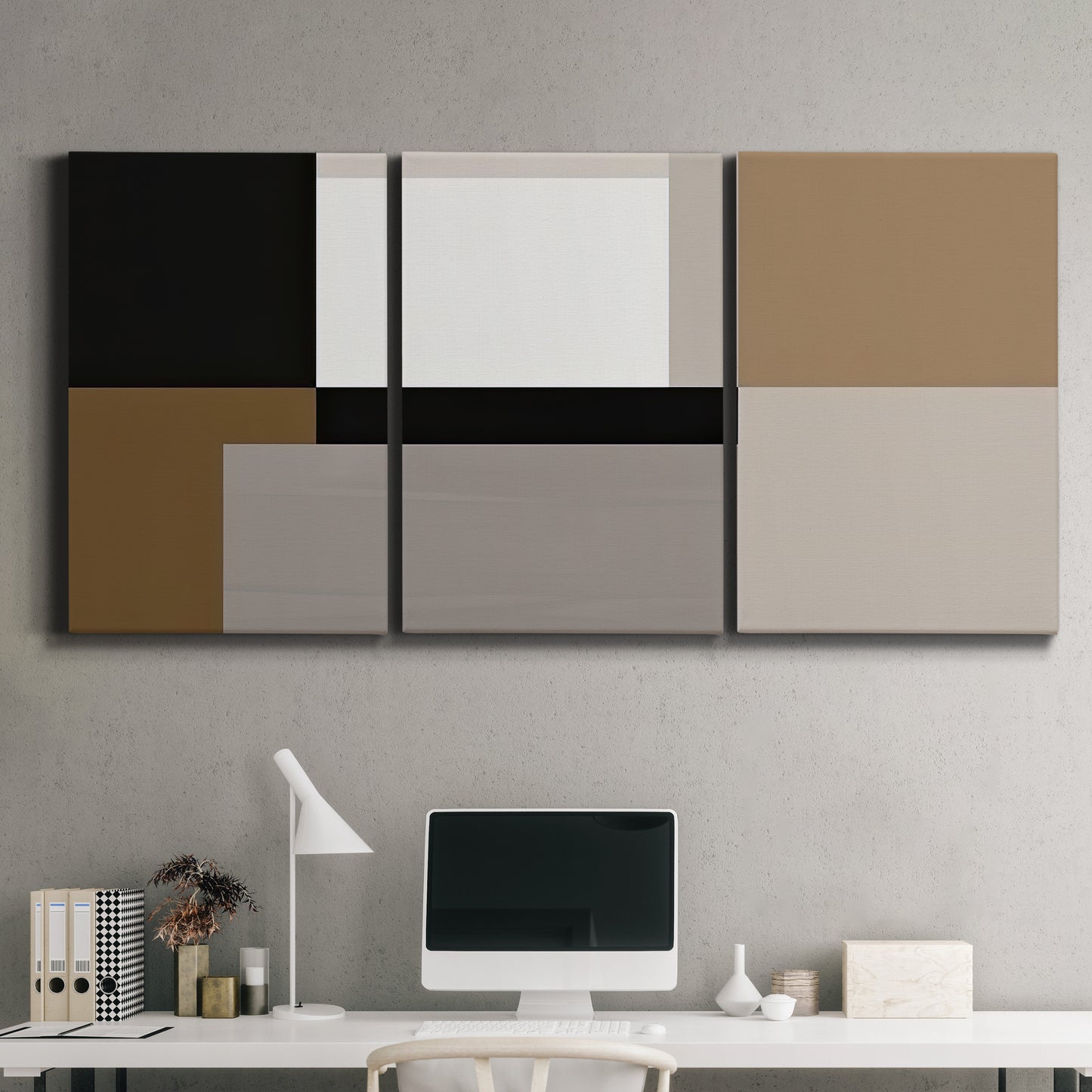Three-panel canvas wall art featuring geometric abstract centerpoint composition, displayed above a desk in a home office.