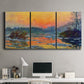 Three-panel canvas wall art featuring winter sunset over river, displayed above a desk in a home office.