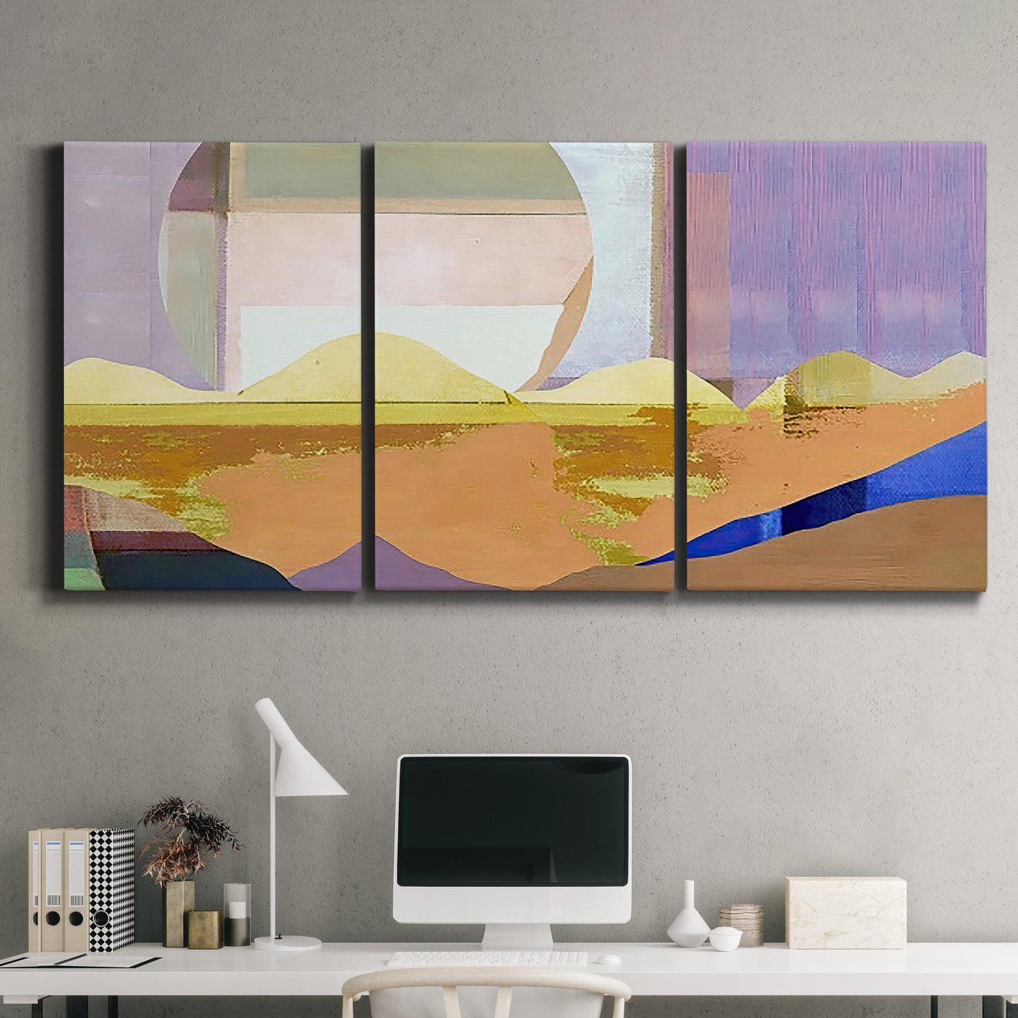 Three-panel canvas wall art featuring mid century geometric pink abstraction, displayed above a desk in a home office.