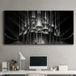 Three-panel canvas wall art featuring vintage city scene with figures, displayed above a desk in a home office.