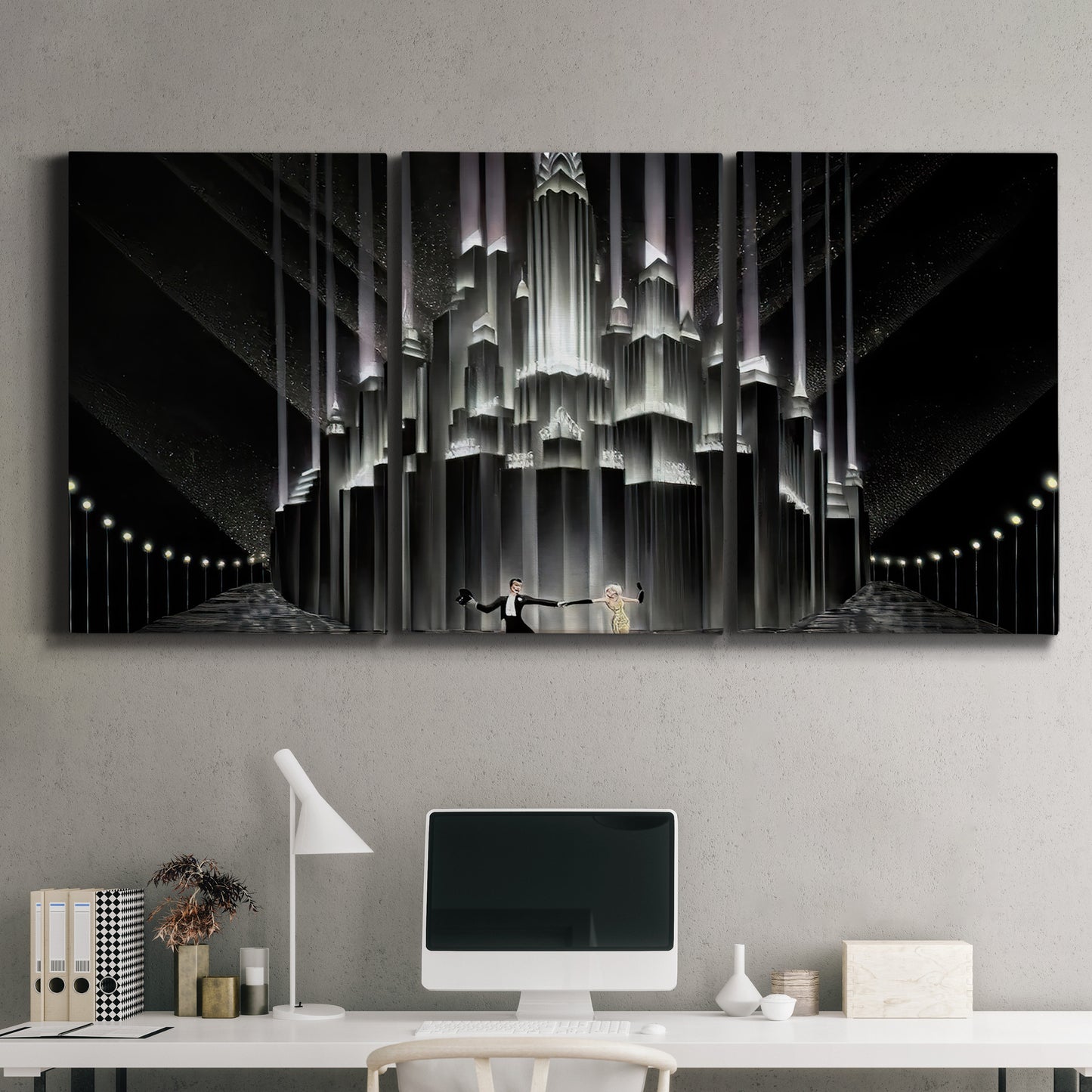 Three-panel canvas wall art featuring vintage city scene with figures, displayed above a desk in a home office.