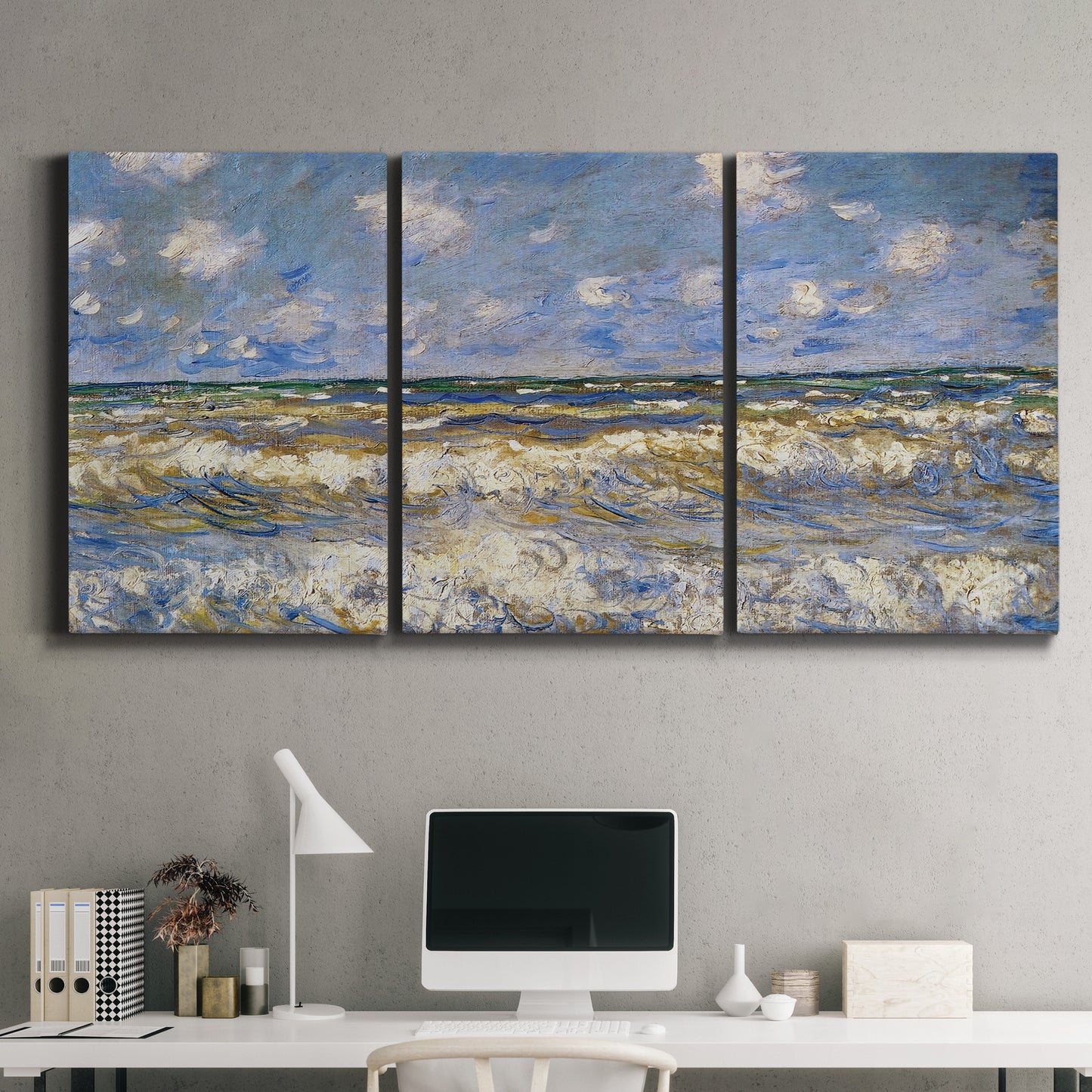 Three-panel canvas wall art featuring rough sea with crashing waves, displayed above a desk in a home office.