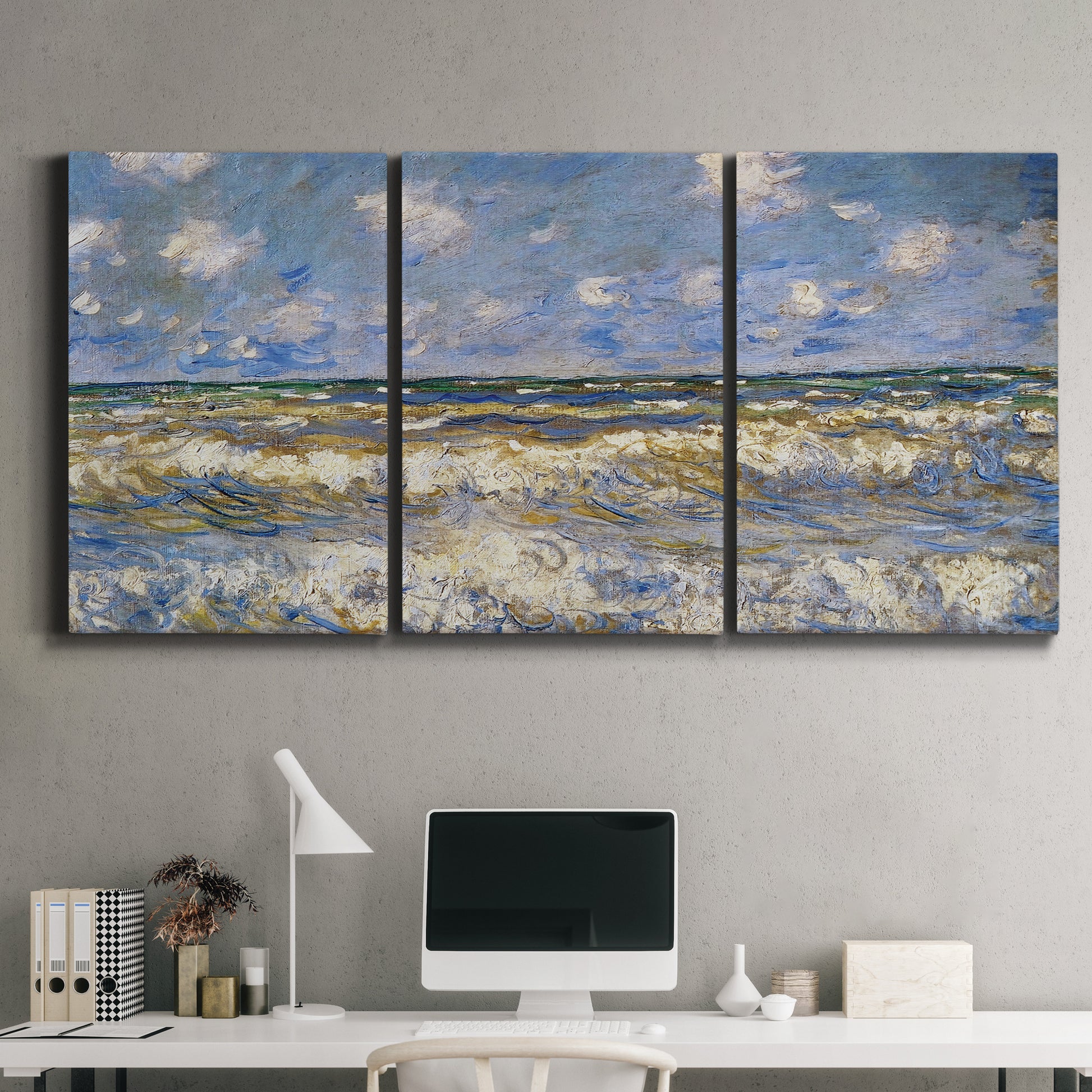 Three-panel canvas wall art featuring rough sea with crashing waves, displayed above a desk in a home office.