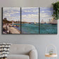 Three-panel canvas wall art featuring river basin with boats, displayed in a modern living room above a sofa.